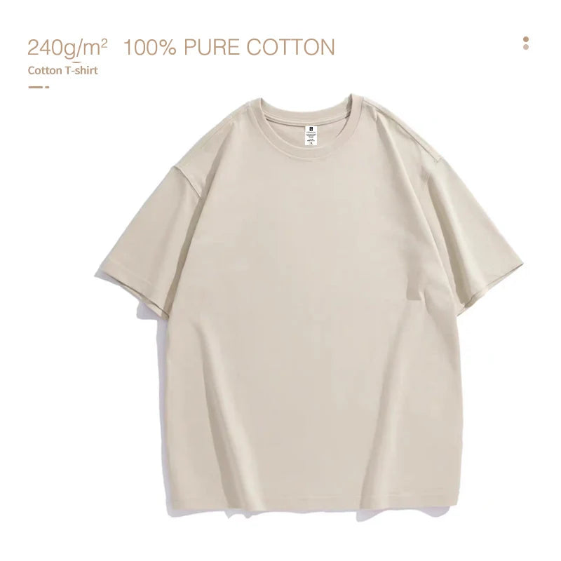 220gsm Heavy Oversized Plain T-Shirt for Men Summer HighQualtity Short Sleeve Tee 100%cotton Solid Color Trendy Casual white Top - Live Store 4U