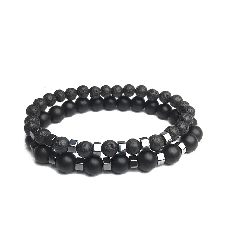 New In Frosted Black Bead Volcanic Stone Men’s Bracelet Set Double Layer Nature Stone Beaded Bracelets Gifts - Live Store 4U