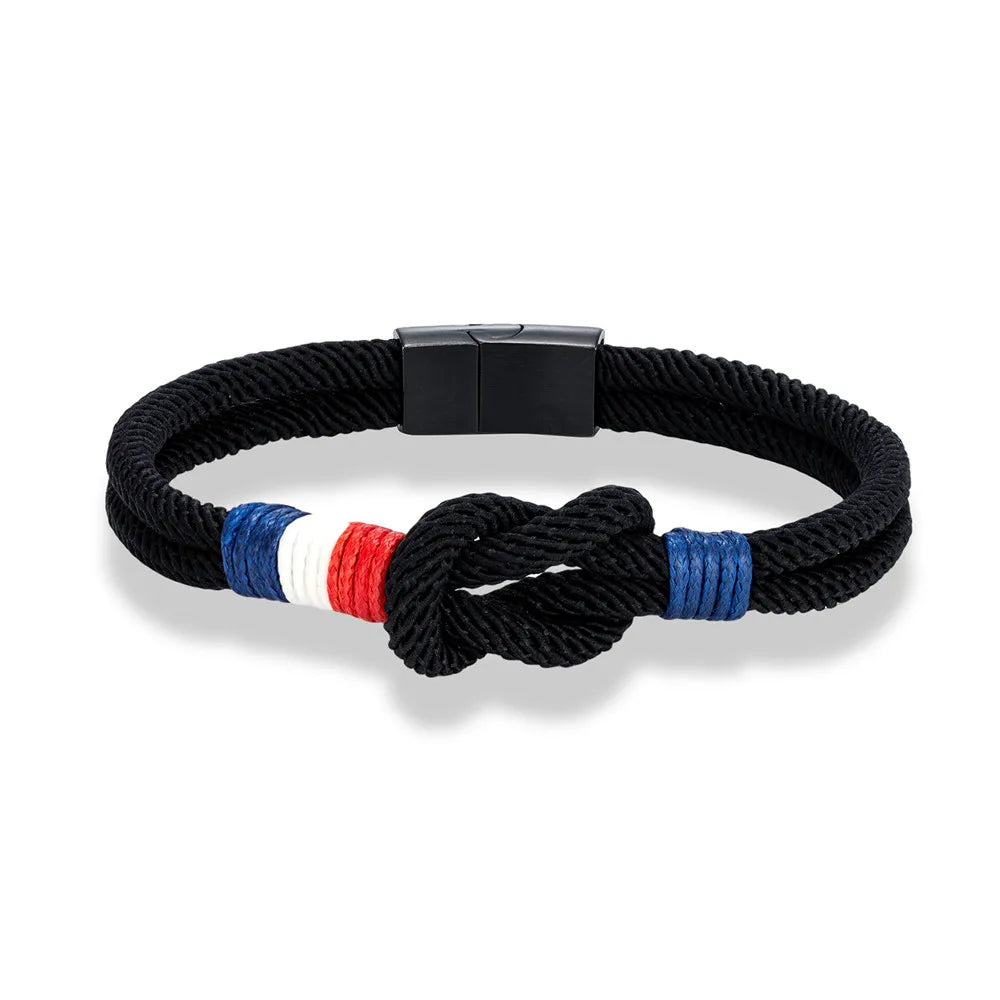 MKENDN Black Stainless Steel Square Knot Rope Bracelet Men Women Handmade Woven Double-Layer Design France Flag Couple Jewelry - Live Store 4U