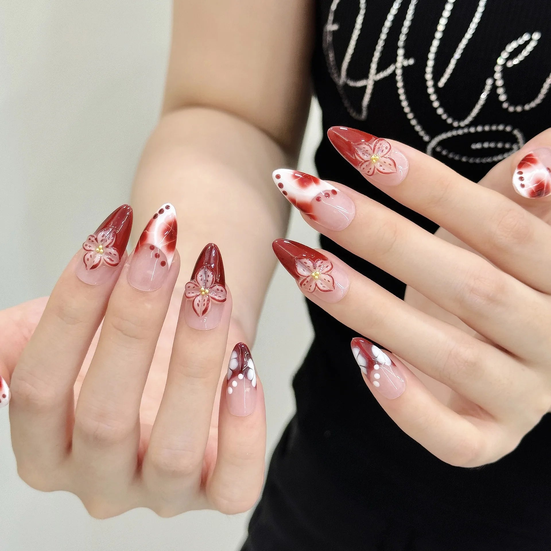 10 PCS Luxury Handmade Press on Nails Almond Hand paint Halo dyeing Design with 3-PIECE Tool Adhesive Nail Glue Tabs