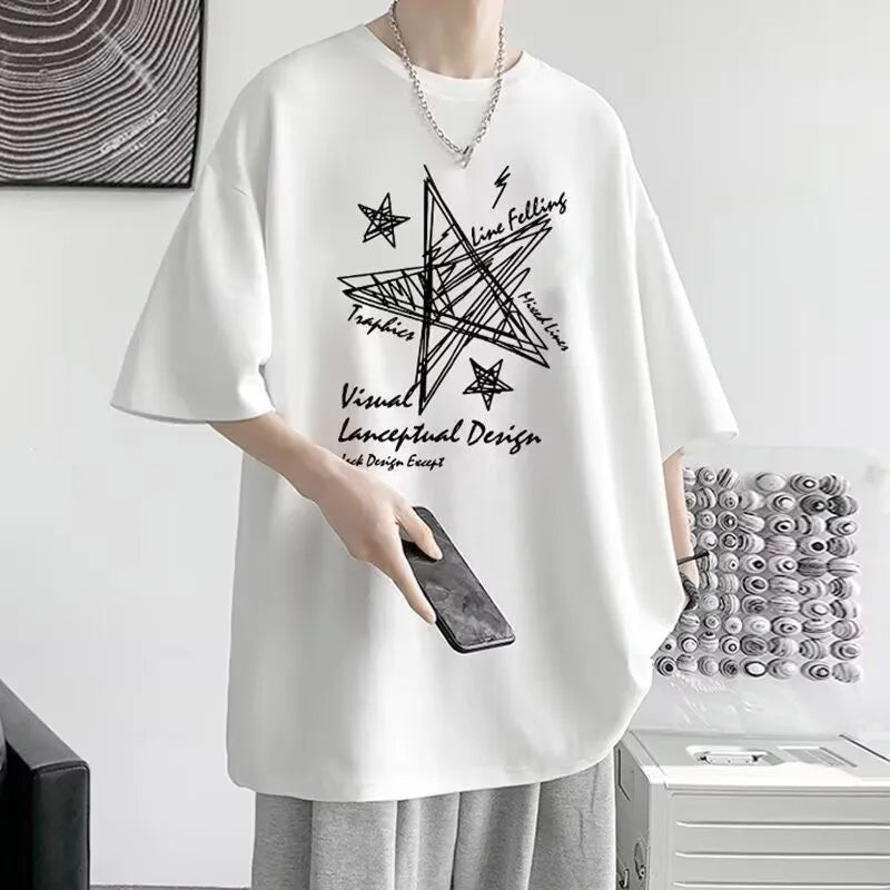【 M-8XL 】 Summer limited edition men's oversized T-shirt Line stars printed T-shirt suitable for both men and women - Live Store 4U