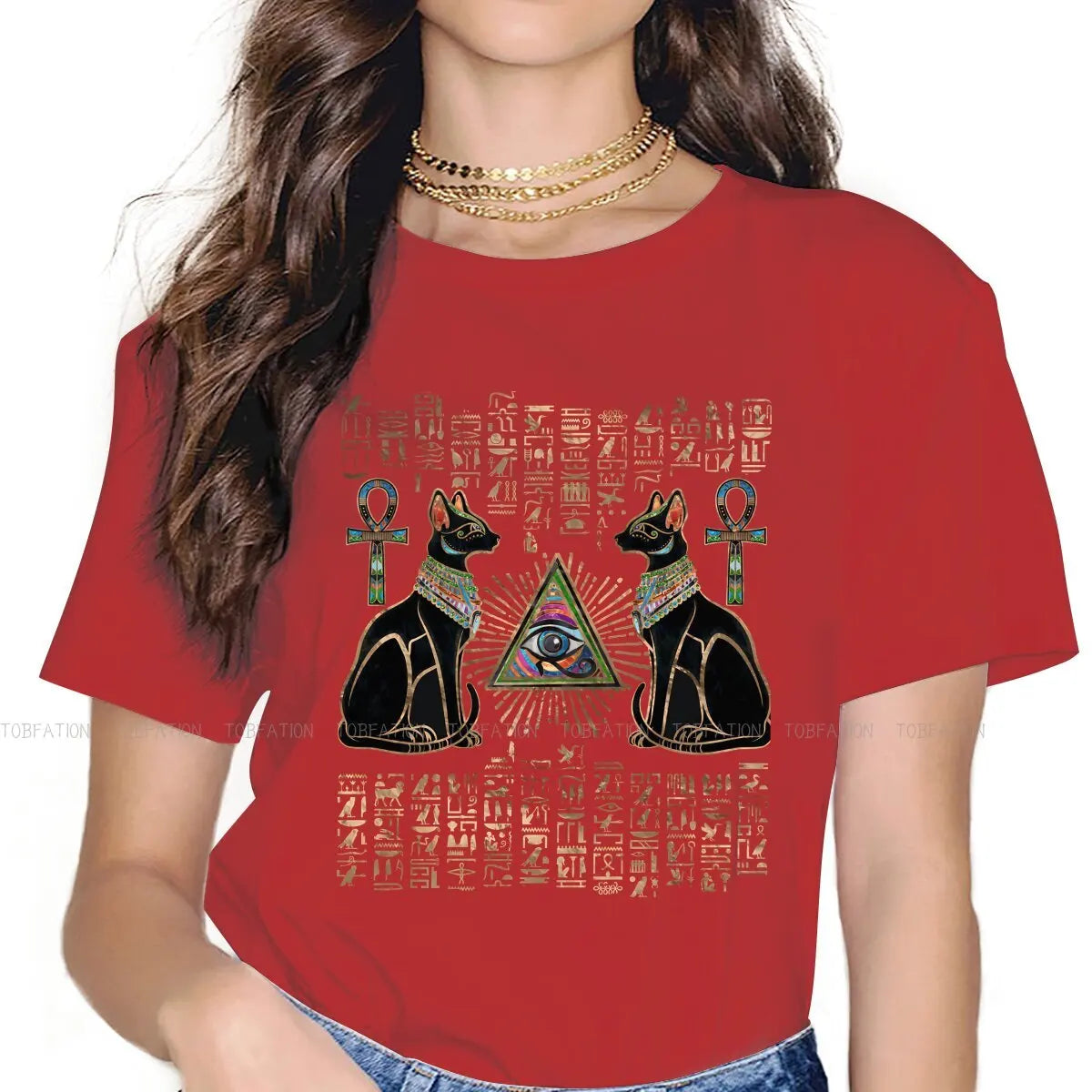 Cat Essential Women Shirts Ancient Egypt Egyptian Korean StyleT-shirt Kawaii 100% Cotton Female Clothing