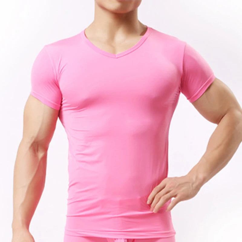 Men's Sheer Undershirts Man Ice Silk Mesh See through Basics Shirts Sexy Fitness Bodybuilding Underwear - Live Store 4U