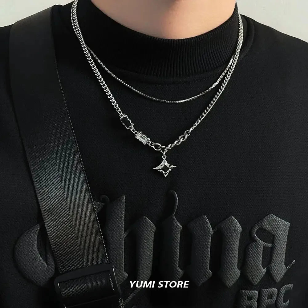 Hip Hop Zircon Star Double Layer Necklace For Men Women Trend Charm Titanium Steel Pendant Chain Unisex Jewelry Wholesale - Live Store 4U