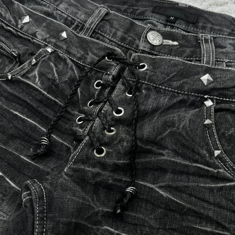 Y2K Washed Jeans Gothic Retro Micro Flared Double Waisted Lace Up Pants Men Women Streetwear High Quality Design Sense Trousers - Live Store 4U