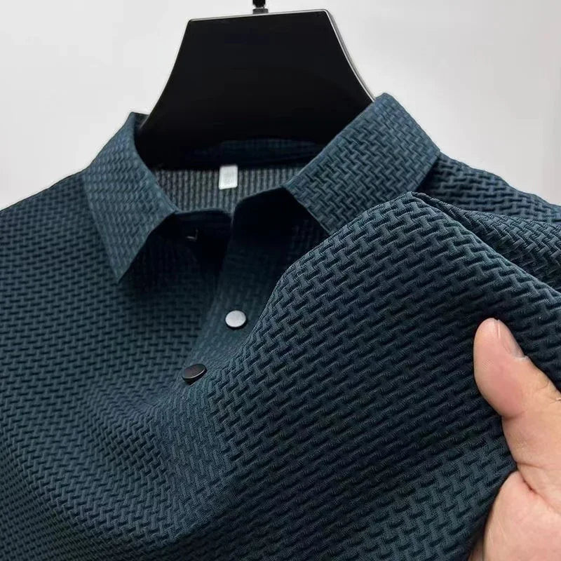 New Men's Business Casual Short Sleeved Bone Flower Solid Color POLO Shirt Fashion Breathable Comfortable Summer Versatile Top - Live Store 4U