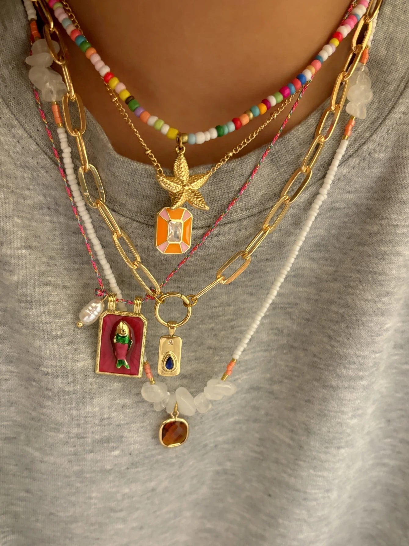 5PCS Charm Bohemian Sea Star Pendant Irregular Gravel Beads Clavicle Chain Women's Necklace Holiday Jewelery Accessories