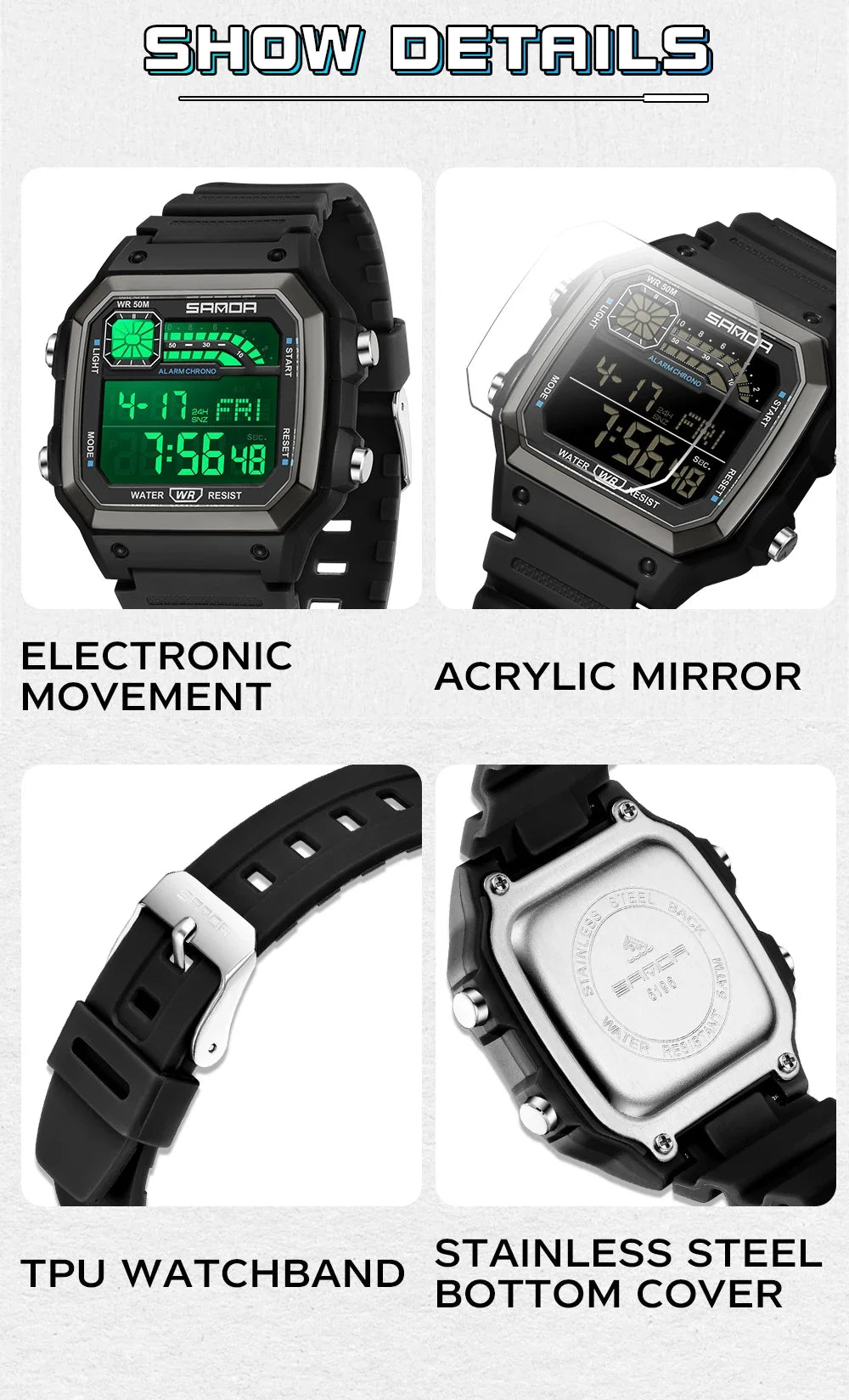 SANDA 6196 Electronic Watch Multi functional Night Glow Waterproof Sports Men's Lightweight Square Classic Student Watch
