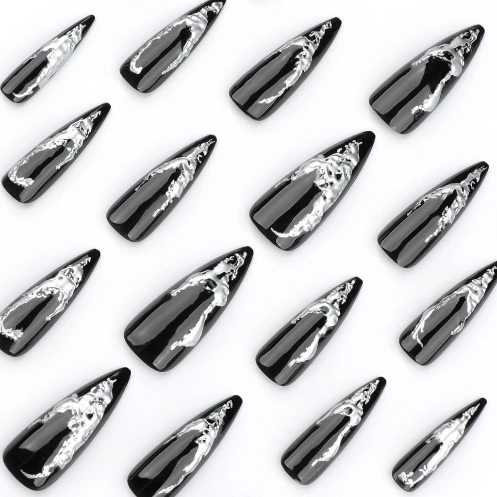 24pcs Press on Nails Dark Long Pointed 3D Silver Full Coverage Nail Tips for Women&Girl Halloween Removable Wearable Fake Nail