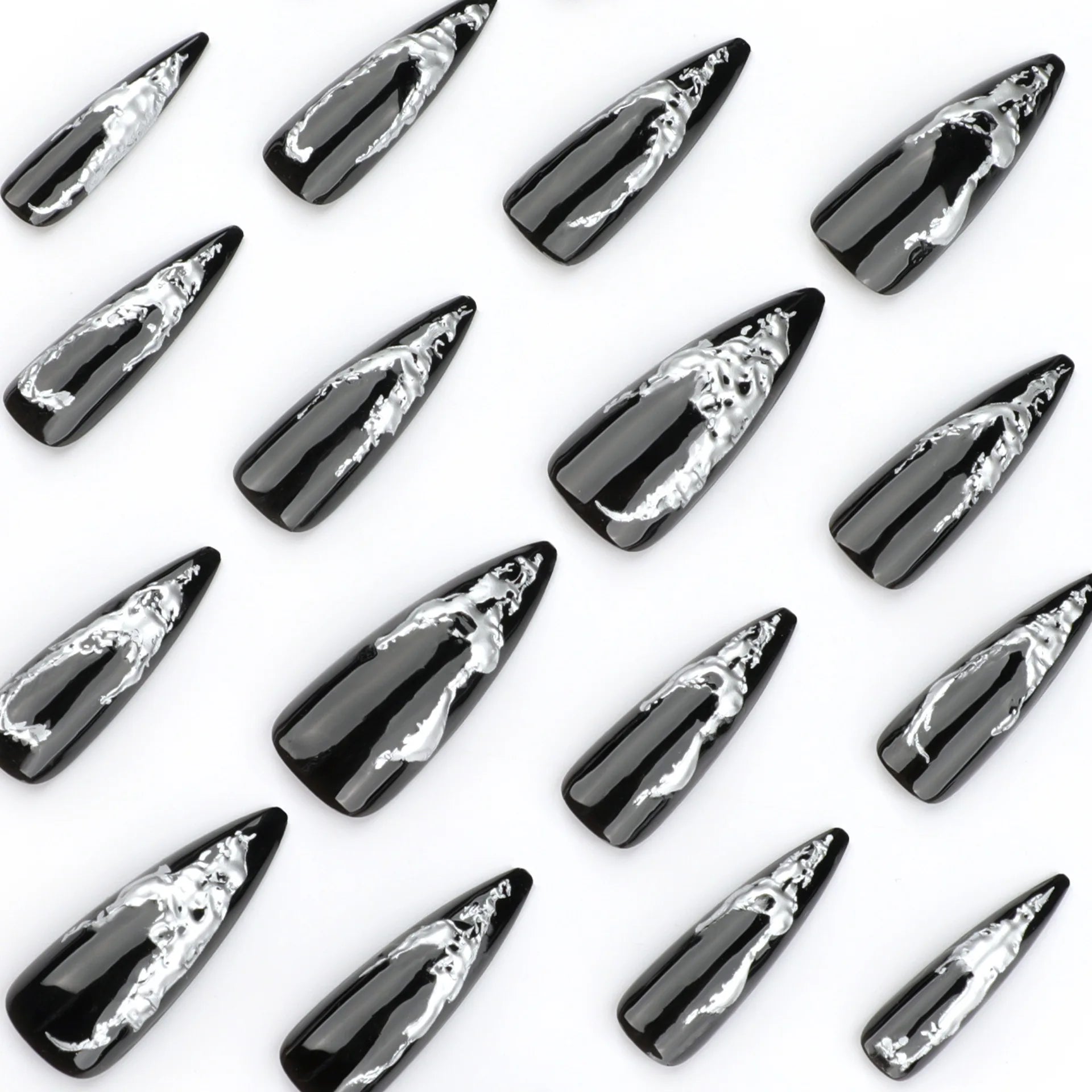 24pcs Press on Nails Dark Long Pointed 3D Silver Full Coverage Nail Tips for Women&Girl Halloween Removable Wearable Fake Nail