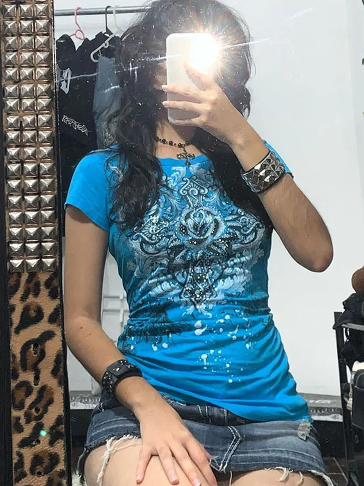 Women's Y2k Grunge T-Shirts 2000s Vinage Rhinestone Print Heart Rose T-Shirt Aesthetics Harajuku Round Neck Tops street fashion - Live Store 4U