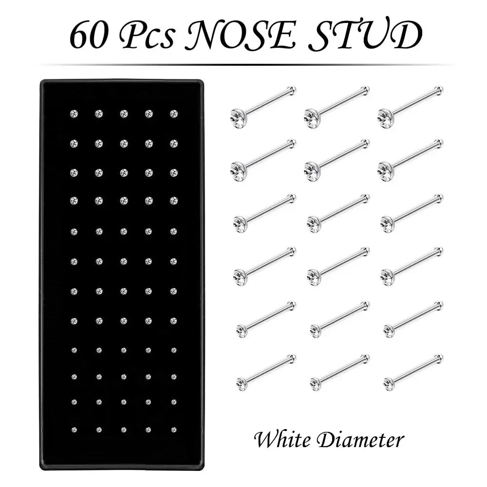 Fashion Crystal Stainless Steel Nose Stud Piercing for Women Hypoallergenic 1.8mm Nose Ring Straight/L/Screw Shaped Body Jewerly