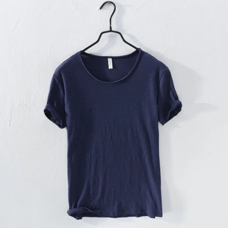 Retro Raw Edge T-Shirt for Men, 100% Cotton, Lightweight,Breathable,Slim-fit, Monochromatic, O-Neck, Casual Basic Top - Live Store 4U