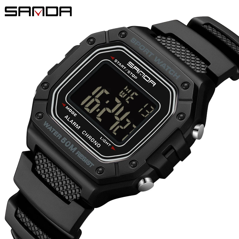 SANDA 2156 Men Watch New Model Electronic Digital Movement Rectangle Led Display Dial Outdoor Sports Watertight Male Wrist Watch