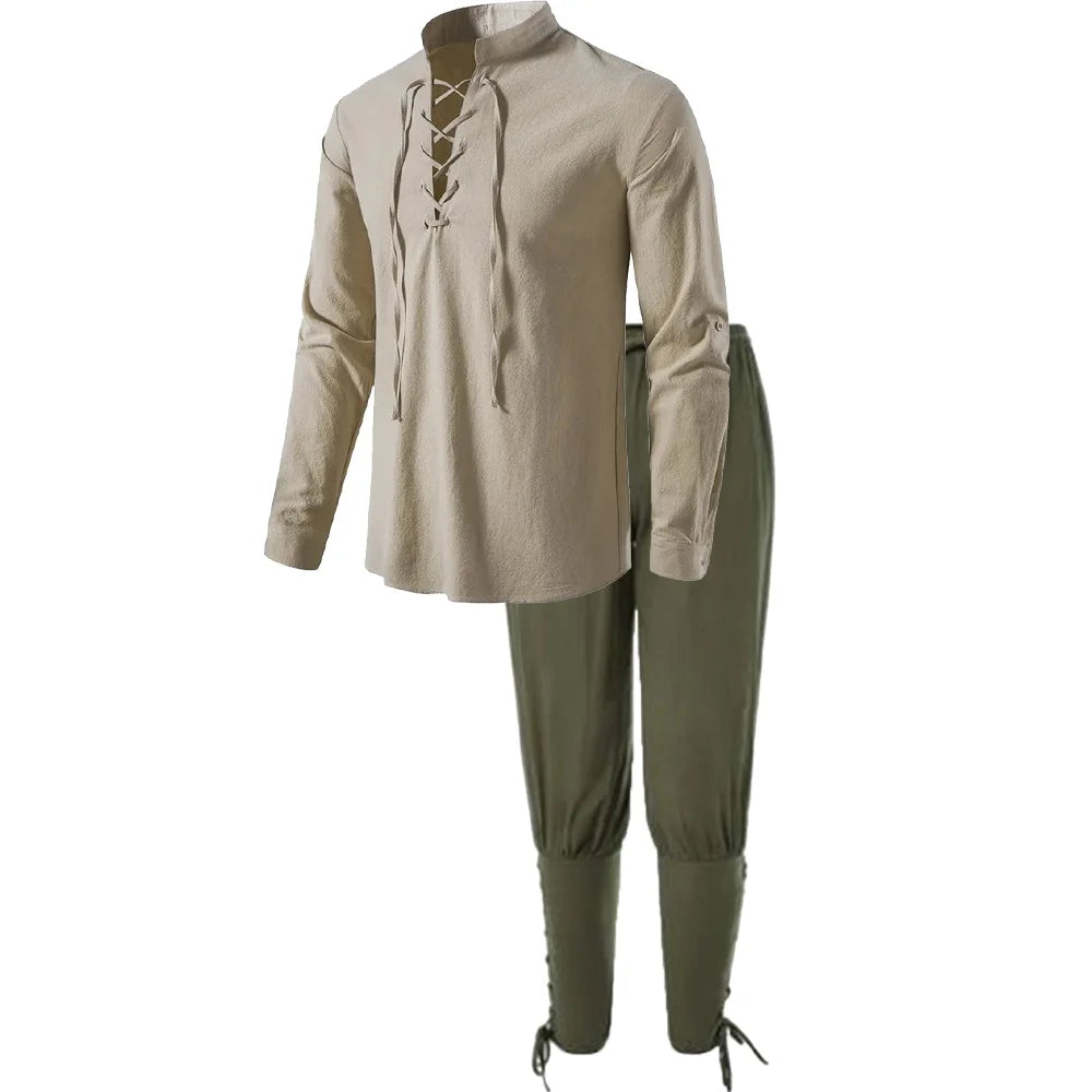 2Pcs Men's Medieval Knight Costume Set Renaissance Cosplay Pirate Shirts Ankle Banded Pants For Halloween Cotton Linen Fabric - Live Store 4U