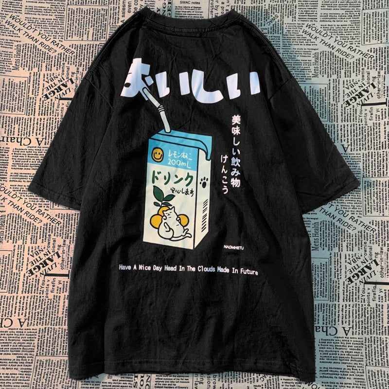 Cute Japanese Cat Print Oversized T-shirt men Women Short Sleeve Loose Casual Tee Shirt Streetwear Tops Cotton Harajuku Clothing - Live Store 4U