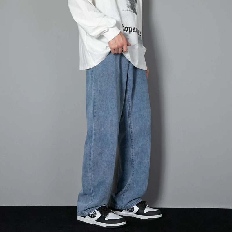2025 New Korean Men's Casual Long Jeans Classic Man Straight Denim Wide-leg Pants Solid Color Light Blue Grey Black - Live Store 4U