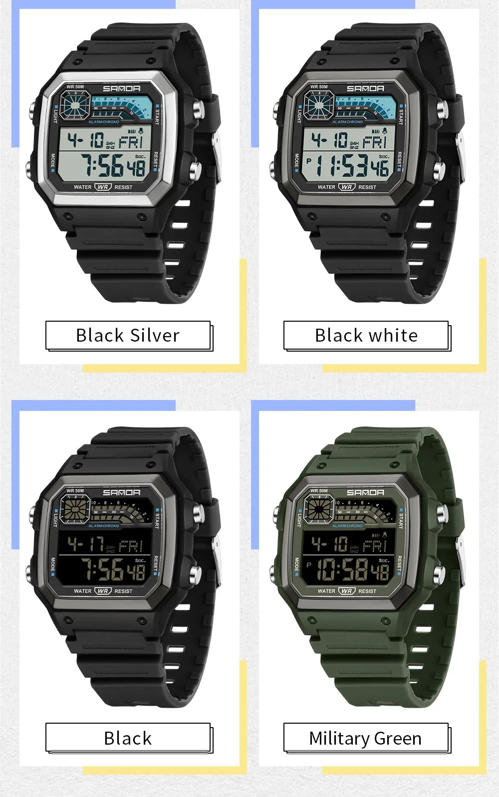 SANDA 6196 Electronic Watch Multi functional Night Glow Waterproof Sports Men's Lightweight Square Classic Student Watch