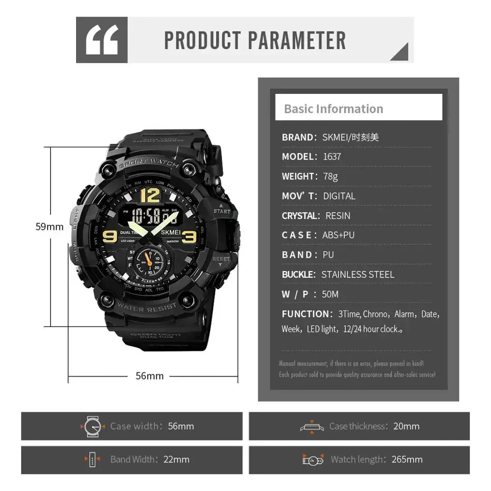 SKMEI 1637 Dual Movement 3 Time Sport Wristwatch Mens Waterproof Electronic Watches montre homme Shockproof Digital Men Watch