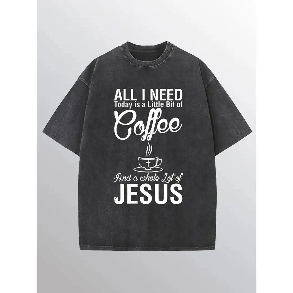 Funny Christian T-Shirt "Coffee and Jesus" Graphic Tee Unisex Washed Retro Religious Faith Gift Cotton Top