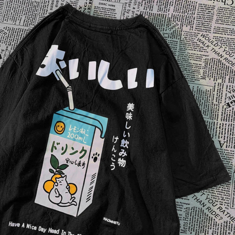 Cute Japanese Cat Print Oversized T-shirt men Women Short Sleeve Loose Casual Tee Shirt Streetwear Tops Cotton Harajuku Clothing - Live Store 4U