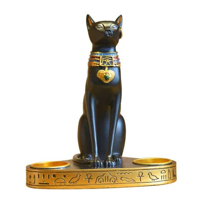Egyptian Cat Craft Candlestick Candle Holder Resin Statue Retro Cat Goddess Figurine Home Office Garden Decoration Gift Ornament