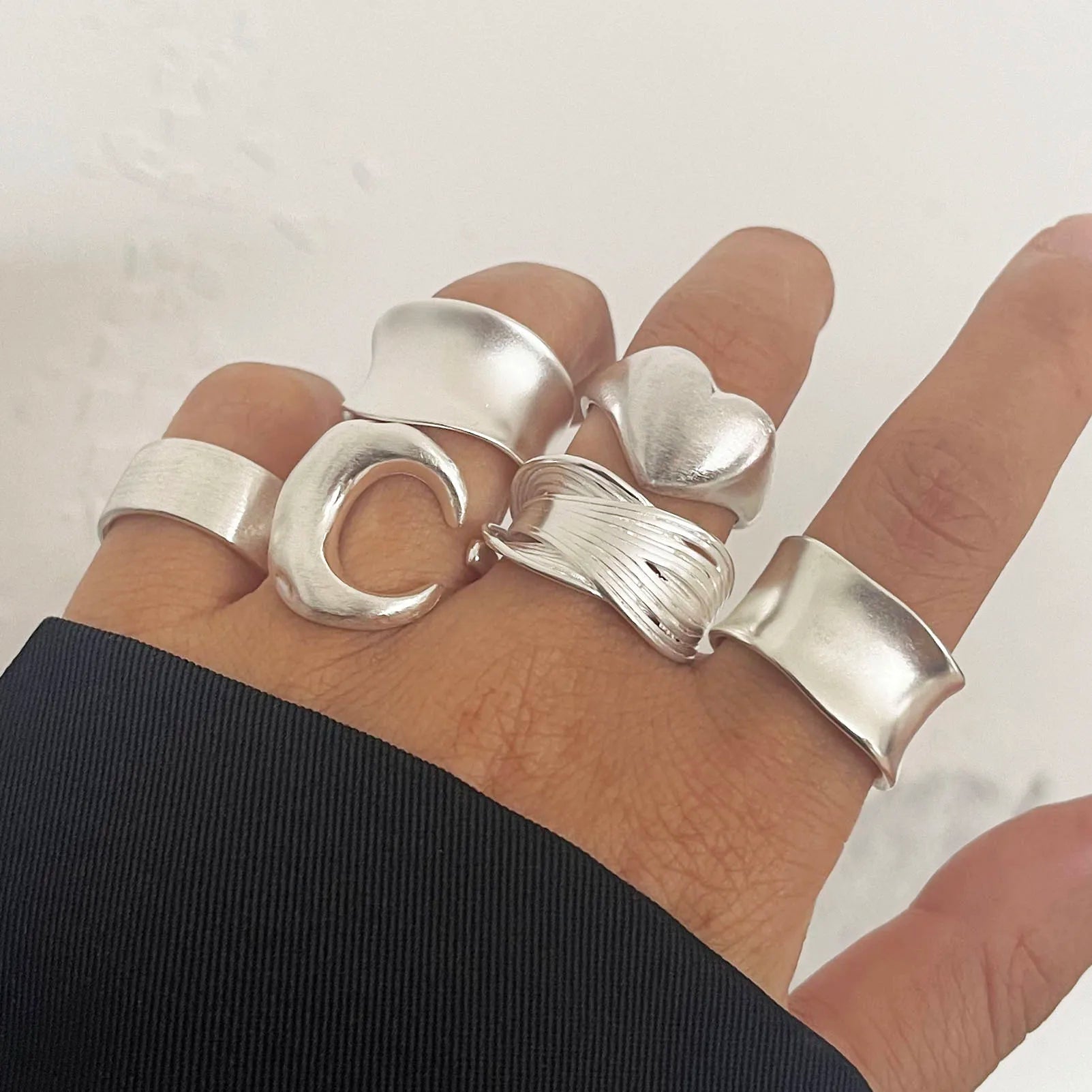 925 Sterling Silver Rings for Women Couple Minimalist Handmade Simple Wide Moon Ring Set Party Jewelry Gift Prevent Allergy - Live Store 4U