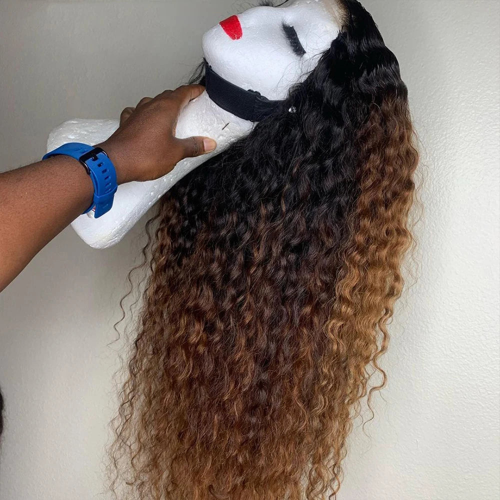 Soft Preplucked Ombre Brown Color 26Inch Long 180Density Lace Front Wig For Women Synthetic Kinky Curly With Baby Hair Glueless