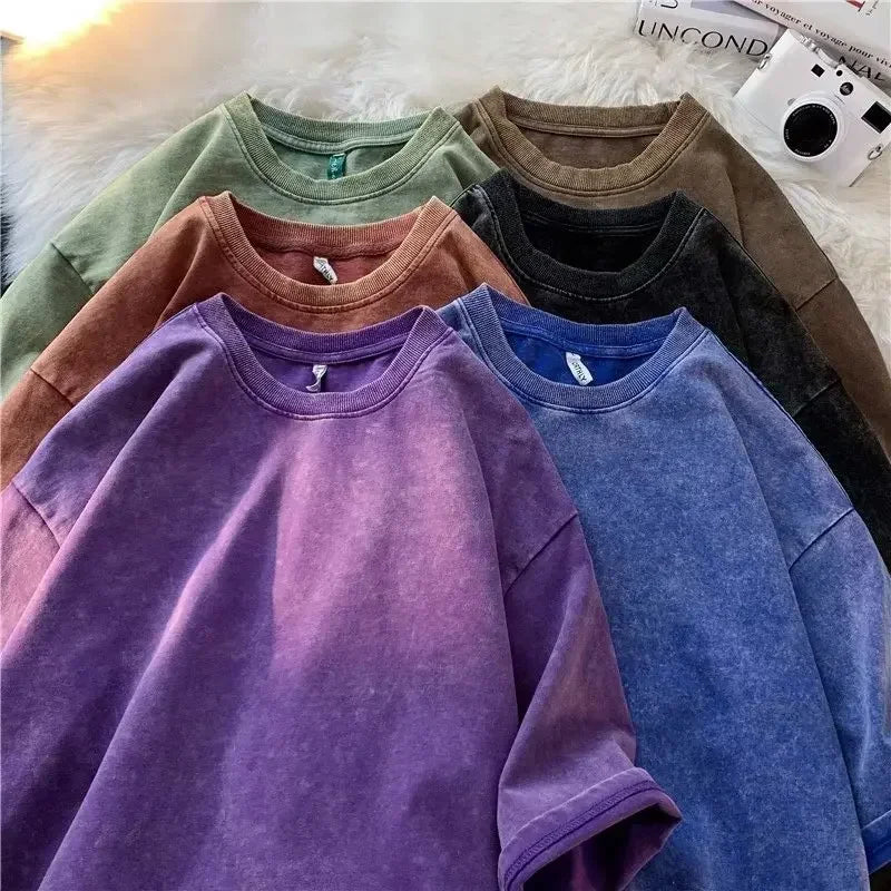 American Style Retro Heavyweight Solid Color Short Sleeved T-shirt Men Women Summer Street Trendy Washed Old Oversized Clothes - Live Store 4U