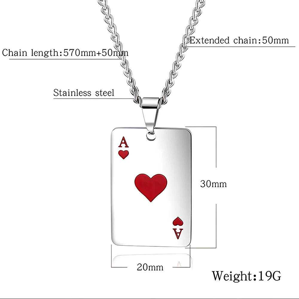 Hip Hop Stainless Steel Poker Card Ace of Spades Necklace For Men Pendant Chain Playing Cards Jewelry Ace of Hearts Necklaces - Live Store 4U