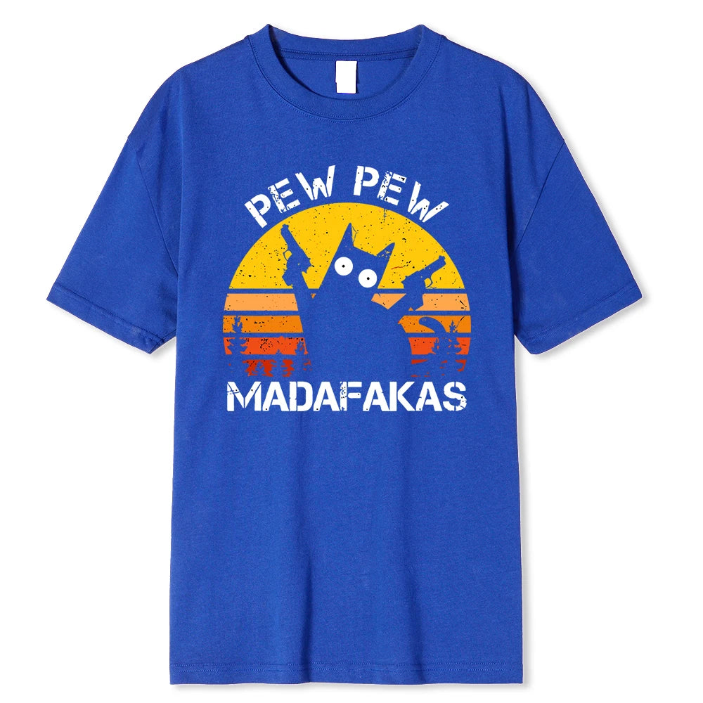 Pew Pew Madafakas Cat With Two Guns Printing Men T Shirts Summer Cotton T-Shirts Breathable Loose Clothes Hip Hop Street Tees - Live Store 4U