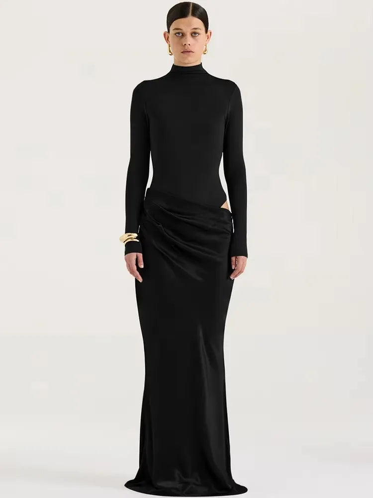 JULISSA MO Satin Sexy Hollow Out Women Maxi Dress Black Sleeveless High Waist Dress Female Autumn Skinny Elegant Party Clubwear