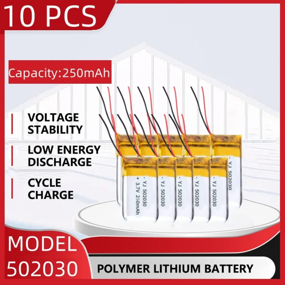 3.7V 250mAh Polymer Lithium LiPo Rechargeable Battery 502030 For Bluetooth headset, beauty instrument, selfie stick, spray, etc