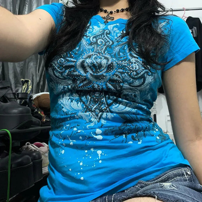 Women's Y2k Grunge T-Shirts 2000s Vinage Rhinestone Print Heart Rose T-Shirt Aesthetics Harajuku Round Neck Tops street fashion - Live Store 4U