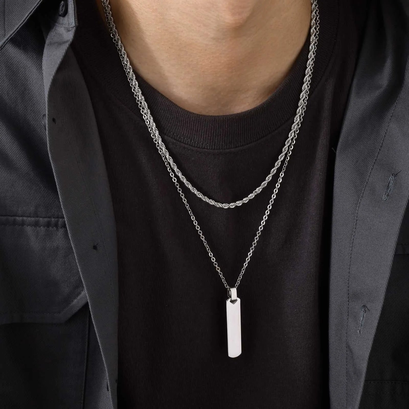 2pcs/set Vertical Bar Stacked Necklaces for Men Boys,Wateproof Stainless Steel Cuban Chain Collar,Stylish Jewelry Sets Gifts