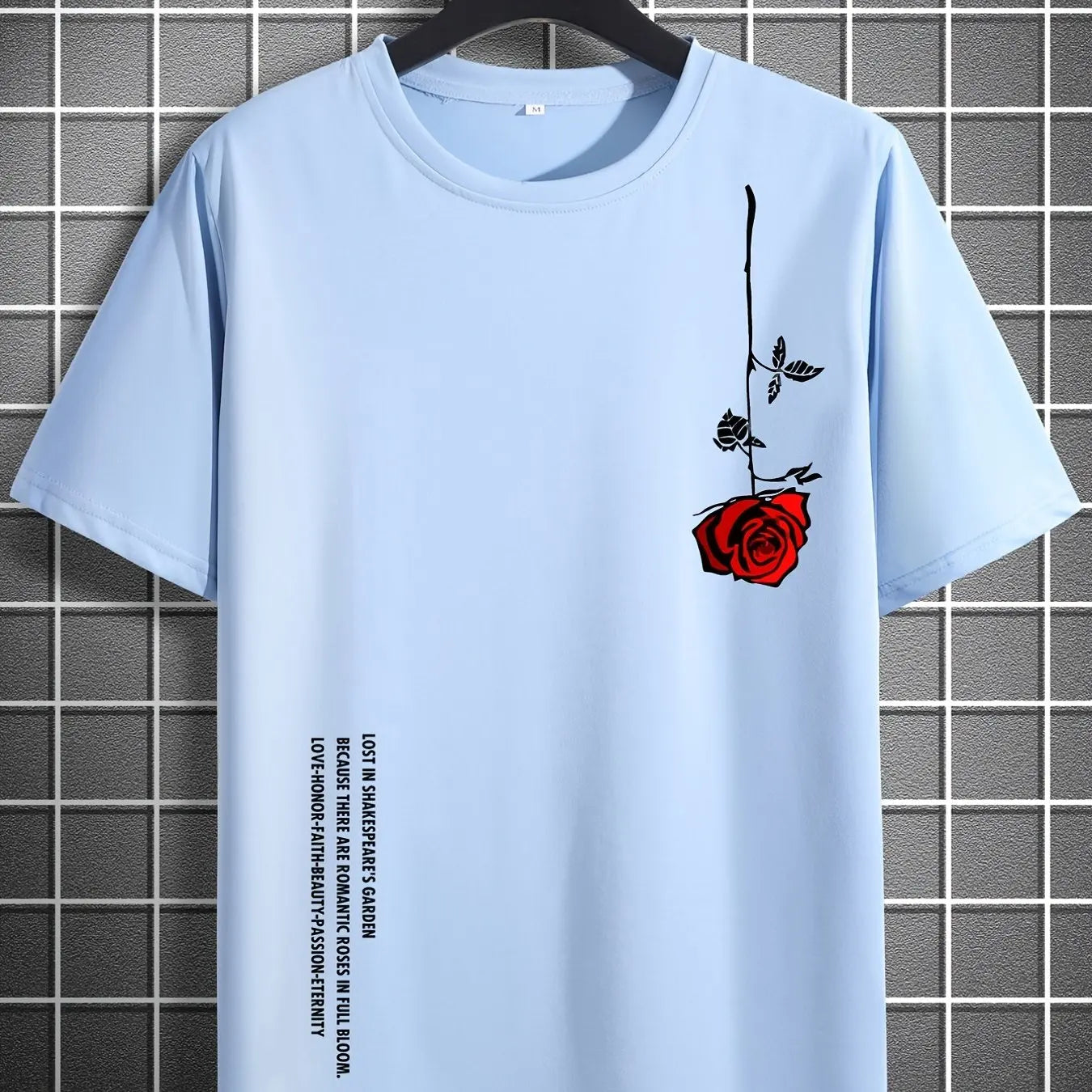 Men's Summer Loose Size 100% Cotton Rose Print Casual Slim Fit Round Neck Short Sleeve T-shirt Top - Live Store 4U