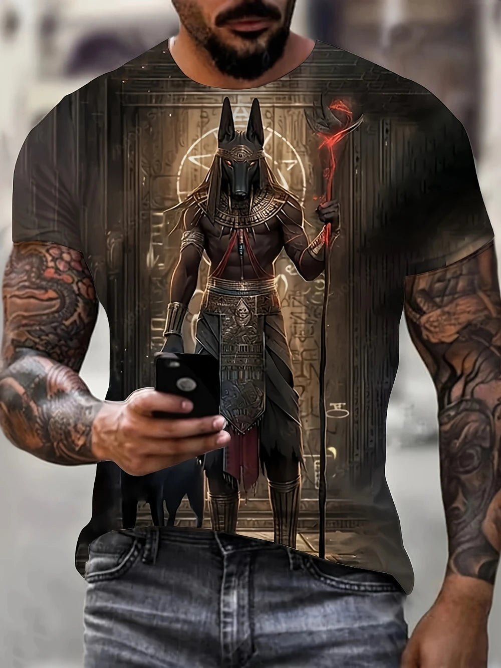 Egyptian Mythology Pattern Men's T-Shirt Hunting Tmall and Anubis Design Cyberpunk Style Short Sleeve Men's Light Casual Edition
