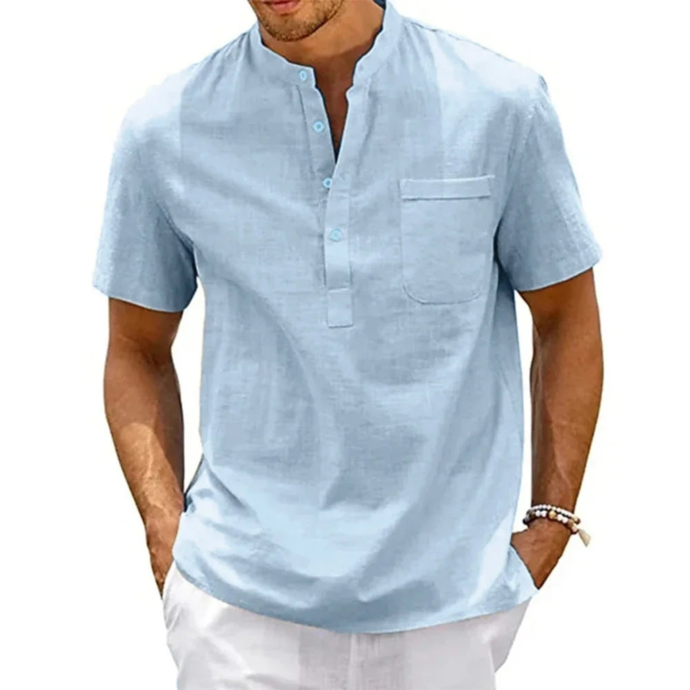 Cotton Linen Shirt Men Henley Neck Pocket Casual Beach Short Sleeve Solid Color Male Tops T-shirts Vintage Streetwear - Live Store 4U