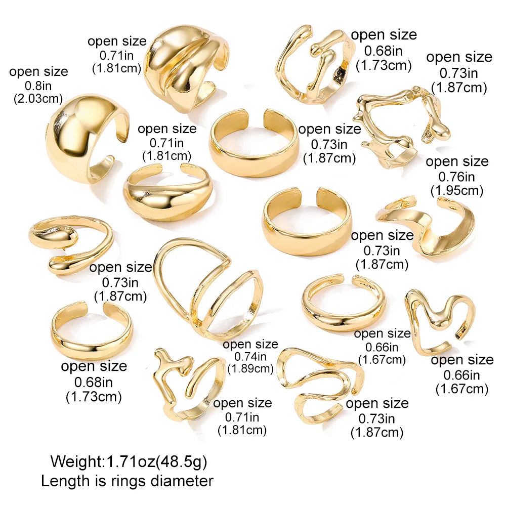 15Pcs/Set Exaggerated Metal Irregular Lines Water Droplet Smooth Rings for Women Men Punk Retro Boho Fashion Jewelry Gift - Live Store 4U