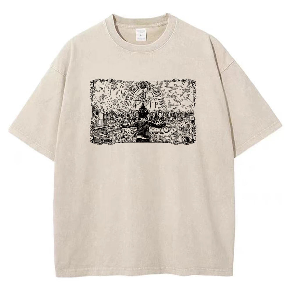 Men Washed Anime Attack On Titan T-Shirt Hip Hop Streetwear Graphic Print Oversize Tshirt Short Sleeve Cotton Loose Vintage Tops - Live Store 4U