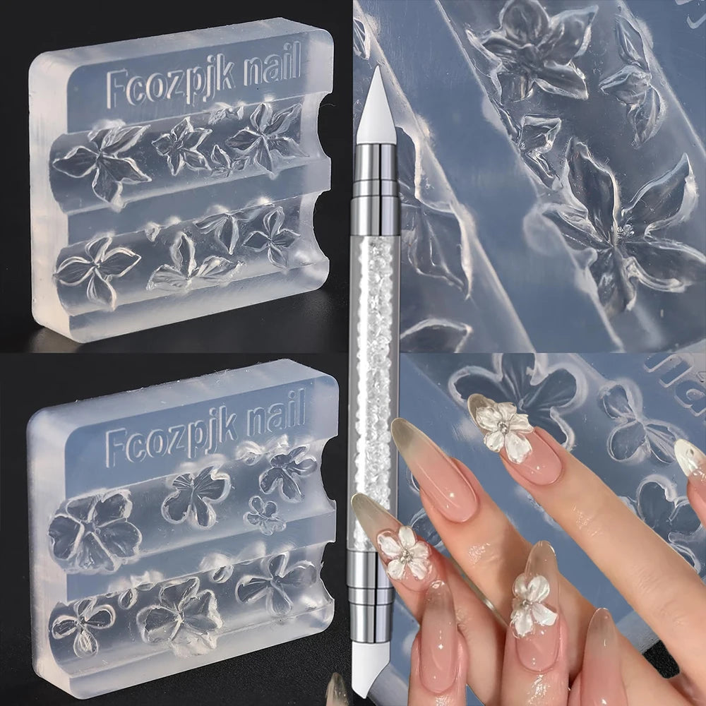 3D Silicone Flower Nail Carving Mold Acrylic Lily Hibiscus Floral Stamping Plate Nails Stencils Five-Petal Blossom Nail Template