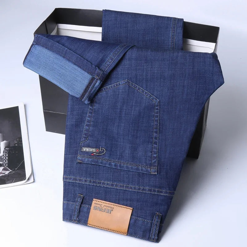 New Ice Silk Thin Denim Jeans For Men Blue Straight Stretch Cotton Pants Business Casual Lightweight Trousers Spring Summer - Live Store 4U