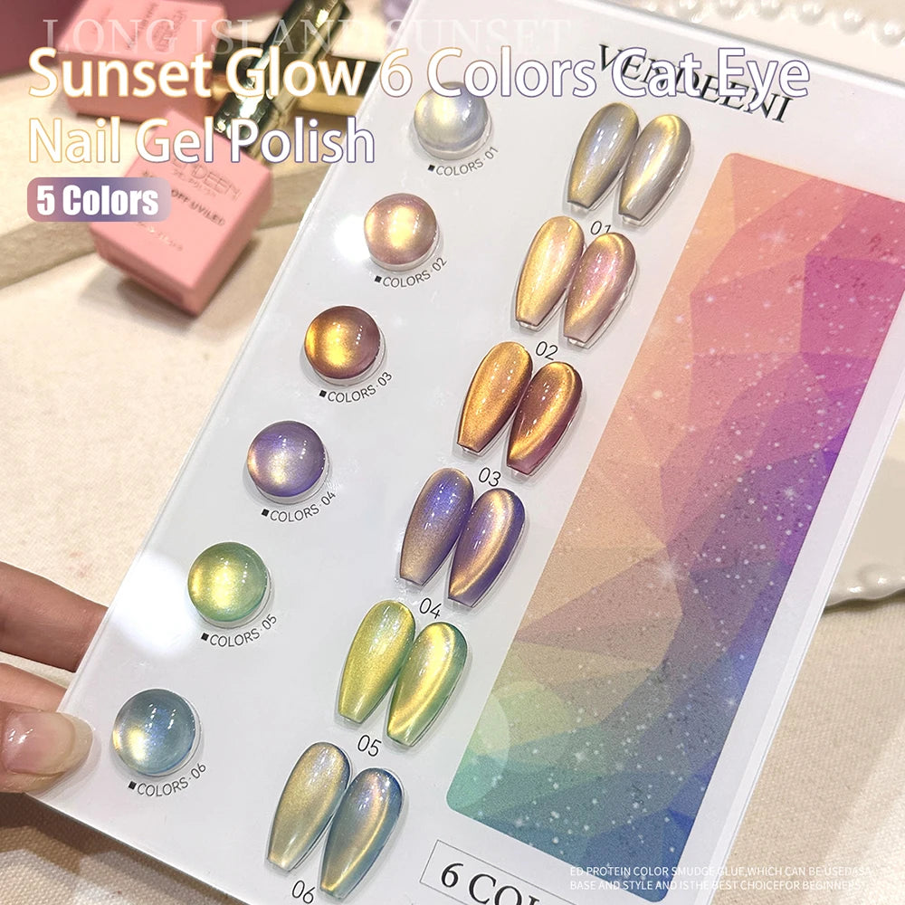 Vendeeni 6 Colors Crystal Cat Eye Gel Nail Polish Set Semi Permanent Sparkling Magnetic UV LED Soak Off Gel Varnish With Display