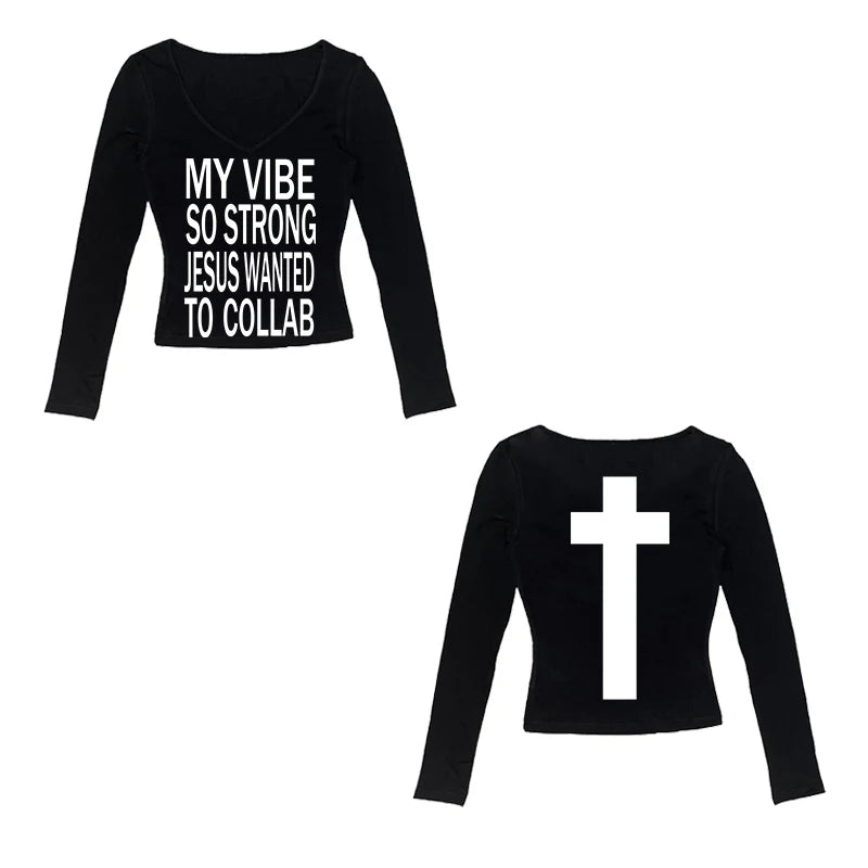 Vintage Harajuku Gothic Hip Hop Emo Girl Casual Long Sleeve Tee Sexy Slim Chic Print Crop Top Grunge Punk Women's Y2K Streetwear
