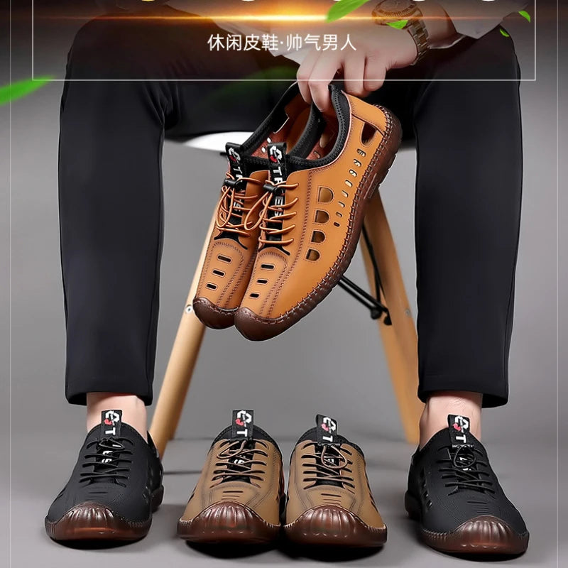 Men's Soft Leather 2024 Summer Men Leather Sandals Breathable Non-slip Cow Tendon Sole Casual Leather Shoes Outdoor Beach Shoes