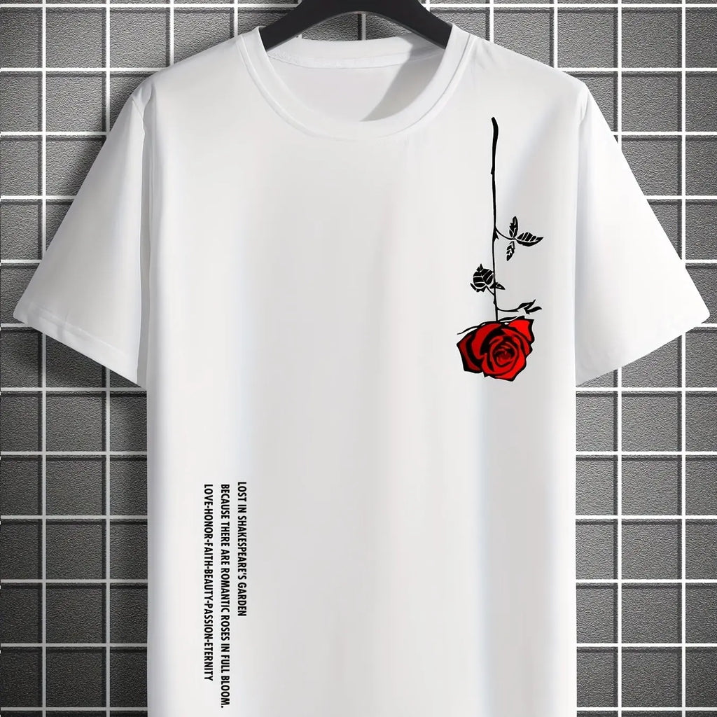 Men's Summer Loose Size 100% Cotton Rose Print Casual Slim Fit Round Neck Short Sleeve T-shirt Top - Live Store 4U