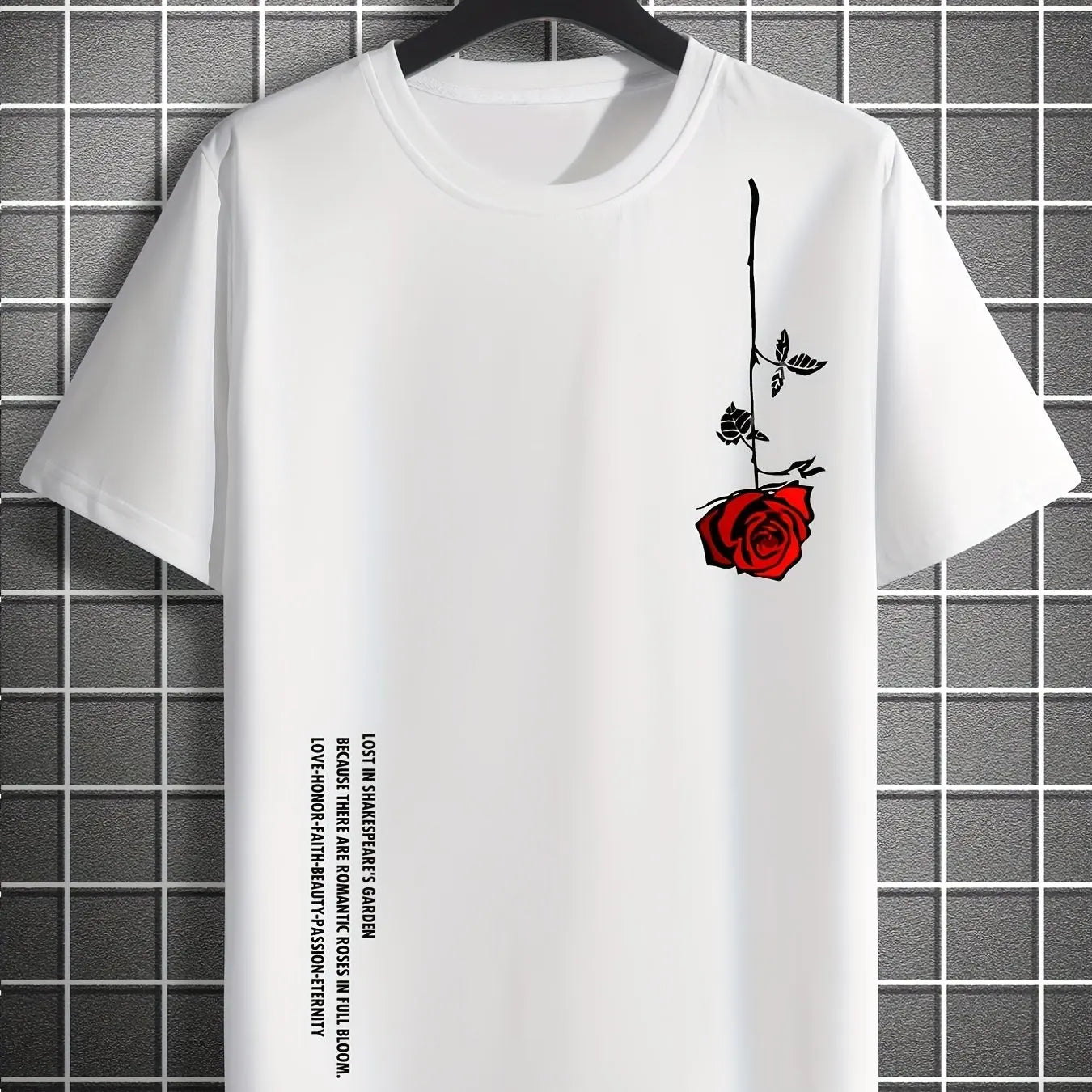 Men's Summer Loose Size 100% Cotton Rose Print Casual Slim Fit Round Neck Short Sleeve T-shirt Top - Live Store 4U
