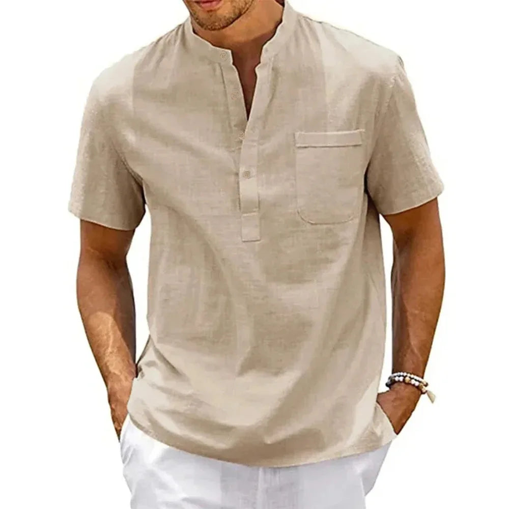 Cotton Linen Shirt Men Henley Neck Pocket Casual Beach Short Sleeve Solid Color Male Tops T-shirts Vintage Streetwear - Live Store 4U