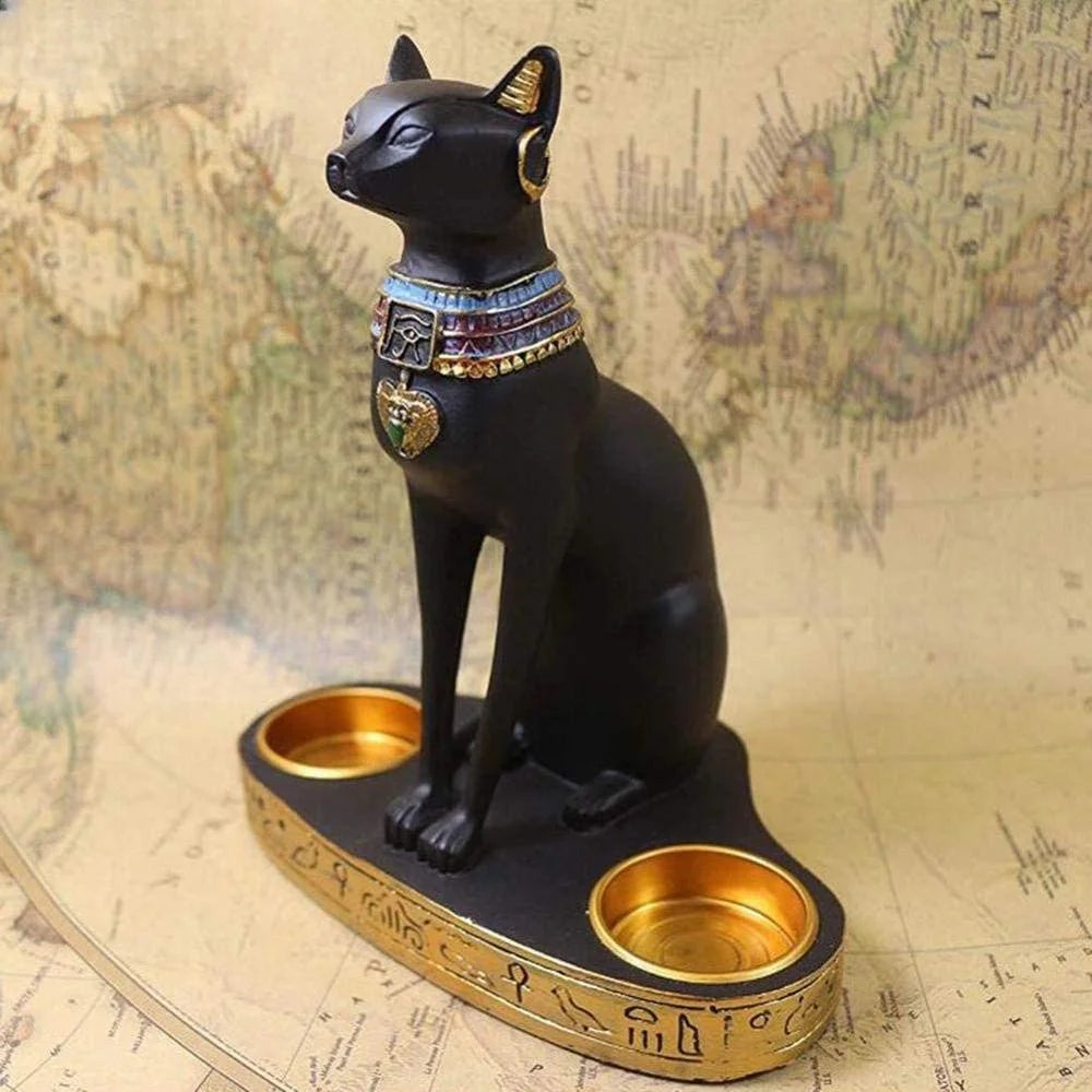 Egyptian Cat Craft Candlestick Candle Holder Resin Statue Retro Cat Goddess Figurine Home Office Garden Decoration Gift Ornament