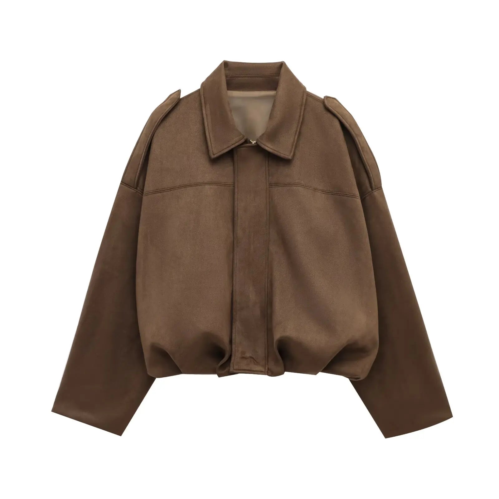 PB&ZA 2025 Women Faux Suede Collared Jacket with Shoulder Straps Loose Fit Stylish Olive Green for Sale on AliExpress